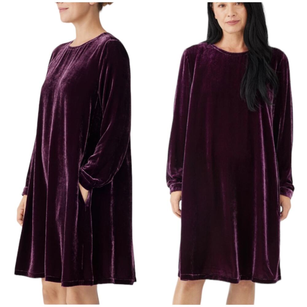 Eileen Fisher NWOT Velvet Crew Neck Dress Size S Purple Silk Blend Pockets Shift - Picture 2 of 12